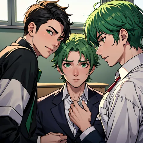 The 4 handsome boys at school are talking with concern about something important that will happen. They are anxious and worried....