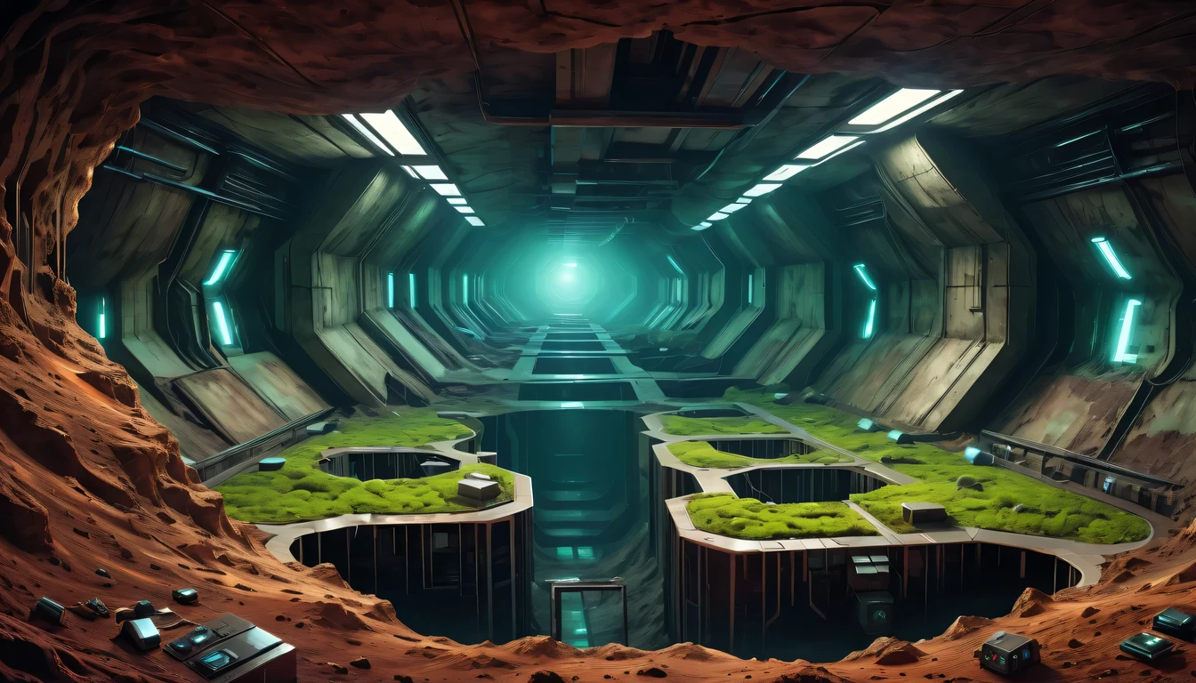 Underground bomb shelters，Hidden underground military research base，deep into the earth&#39;crust，Ant nest structure，chaining，Sectional view of the Underground Science Institute，Consists of multiple tunnels and rooms，sense of technology，futuristic