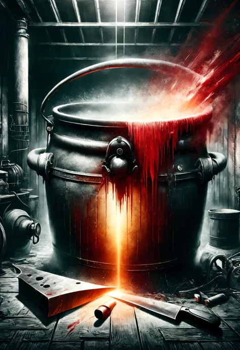 (Graphite painting), (A big old iron pot is boiling red water in the basement), (There is a huge knife stuck in the broken iron pot: 1.37), scary, (Industrial lights on the roof emit a dim, weak red light: 1.0), Extra Large Chef&#39;s Knife,
background: ma...