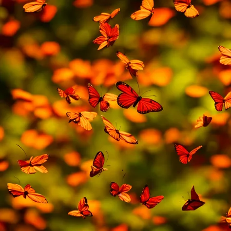 Butterflies fluttering among falling autumn leaves.