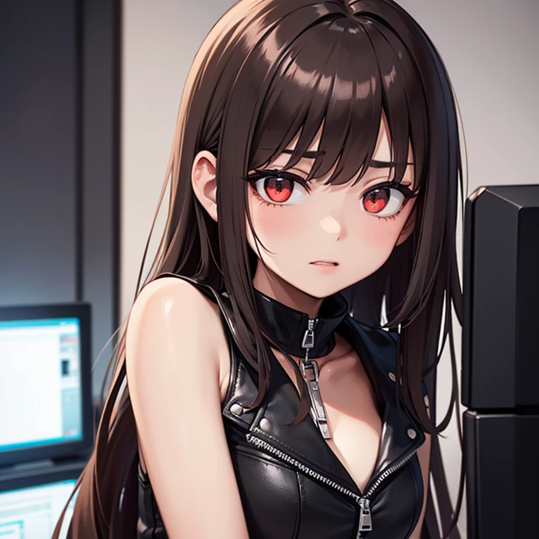 beautiful, DARK BROWN LONG HAIR, white tanktop, black rocker leather jacket, ONE GIRL, looking into screen, zip lips, RED EYE, ANTAGONIST, shy, red face, Portrait, Blushing