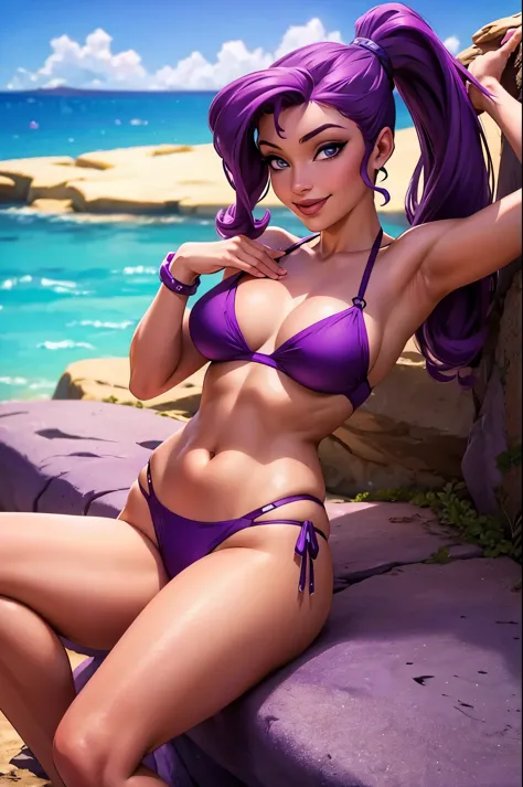 Megara ((purple bikini)) at a rocky beach, smiling, fun ((masterpiece)) ((best quality)) ((highly detailed))