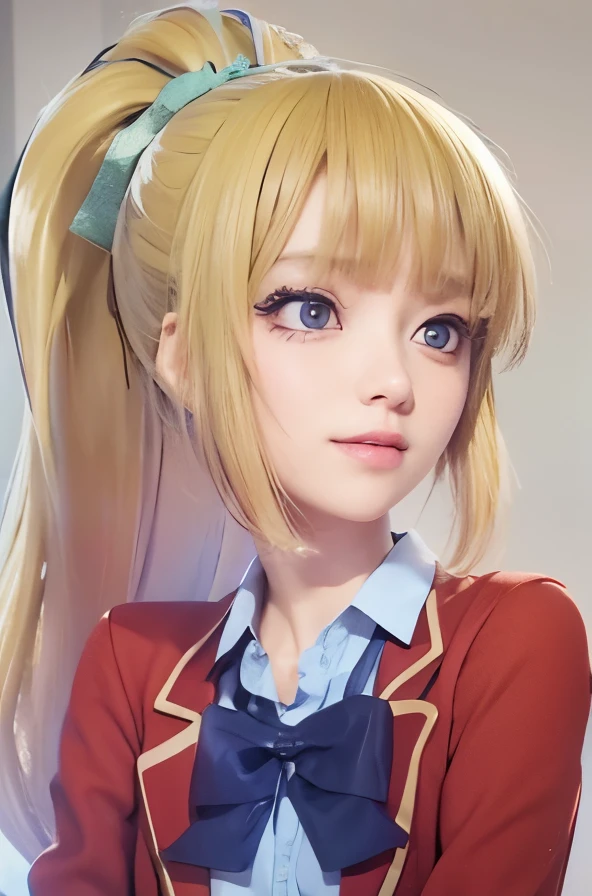 Imagen realista de Karuizawa Kei, personaje de anime femenino, aula del personaje de élite, estudiante de preparatoria, Cabello amarillo dorado, peinado de cola de caballo con flequillo,cinta verde, ojos morados claros, cara de expresión de sonrisa, sonreír boca, foto de medio cuerpo, tener puesto , blazer rojo con lineas amarillas, camisa azul claro, con pajarita azul oscuro, cabeza lateral mirando, ojos de reojo mirando, personaje de textura realista, diseño de figura 3d, cara ultra detallada 