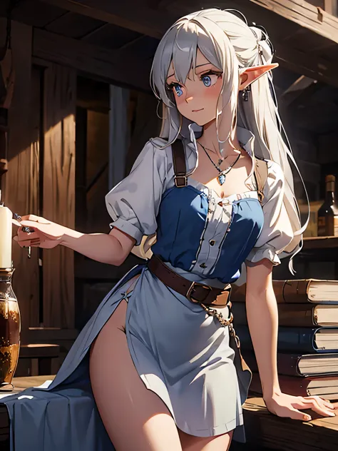 masterpiece, rustic tavern, 1_woman, full body, looking away viewer, talking to someone, long elf ears, platinum blonde long hai...