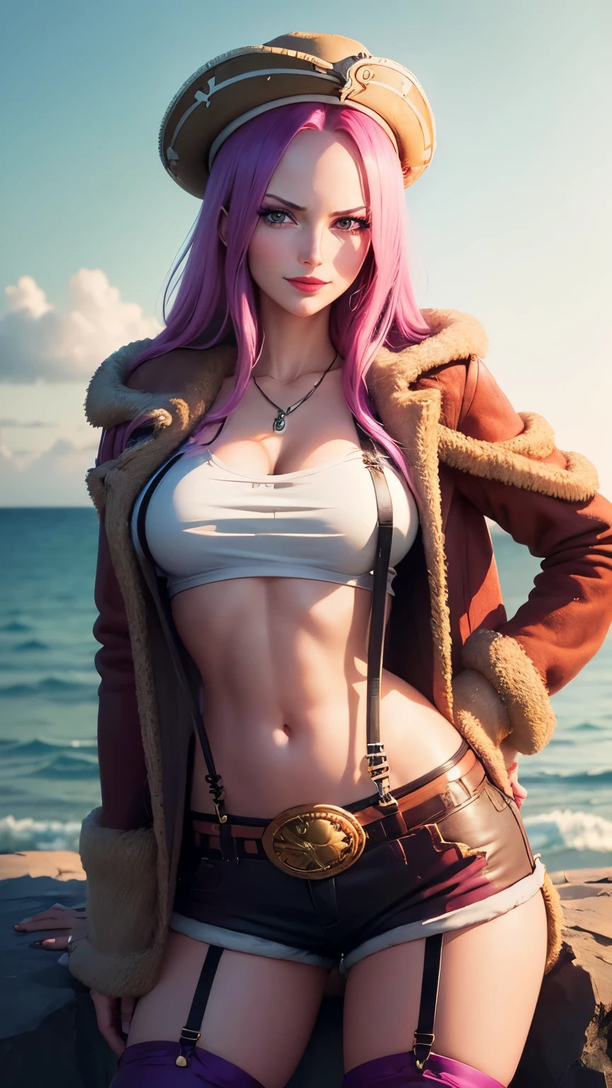 ((top-quality, 8K, masterpiece:1.3)), A detailed eye, (looking at from the front), Look at the camera, ((Everything is sparkling、reflecting light:1.2)), (Best Ratio: 4 fingers, 1 thumb), (portrait), (((Jewelry Bonney from One Piece))), JewelryBonneyV2, 1girl, solo, long hair, pink hair, hat, ((slim girl, medium breasts, hyperdetailed lips)), red lips, (thighhighs, shorts, suspenders, boots, purple eyes), navel, smiling, midriff, crop top, belt, suspender shorts, complex detailed background, barren land, rocks, ocean, nature environment,