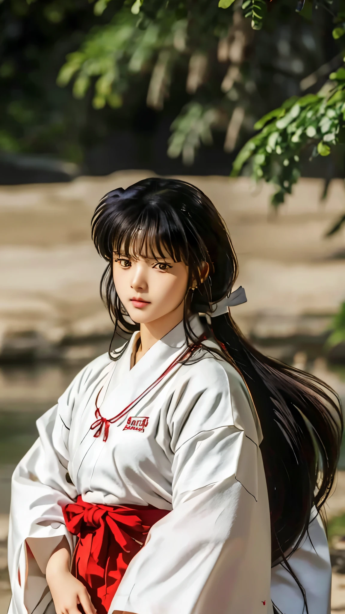 masterpiece, best quality, a close photo of Kikyo, 1 girl, solo, standing, brown eyes, long hair, red hakama and white kimono, looking_at_viewer, expressionless, upper_body, ((detailed face, detailed eyes:1.3)) ((Village background:1.0))