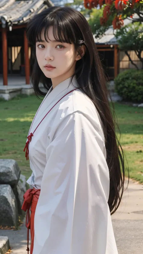 masterpiece, best quality, a close photo of Kikyo, 1 girl, solo, standing, brown eyes, long hair, red hakama and white kimono, looking_at_viewer, expressionless, upper_body, ((detailed face, detailed eyes:1.3)) ((Village background:1.0))