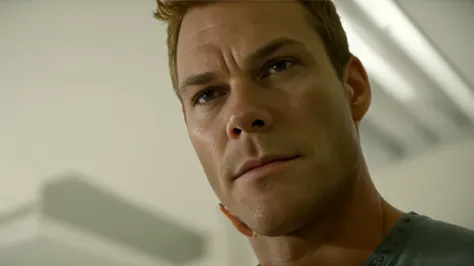there is a man that is looking at something in the picture, dexter morgan, doing the bateman stare, shot from movie, homelander from the boys, david boreanaz as chris redfield, looking to his side, favorite scene, very realistic film still, cinematic close...