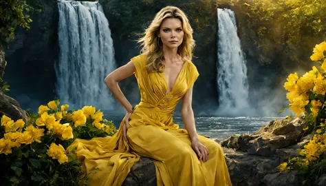 beautiful young lady (Michelle Pfeiffer), (20 anos), vestido longo Amarelo com Branco, de corpo inteiro, rocher, Very realistic ...