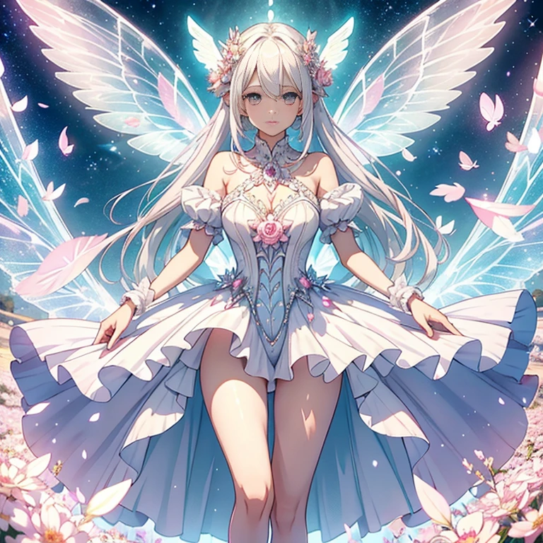 White-haired fairy in pink transparent sparkling diamond dress、on the sky，livestock，long legs，Symmetrical wings,magic（（（petals flying all over the ground）））（（pastel tones））（best quality））， （（intricate details））， （（Surrealism））（8k）