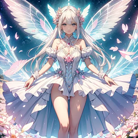 White-haired fairy in pink transparent sparkling diamond dress、on the sky，livestock，long legs，Symmetrical wings,magic（（（petals f...
