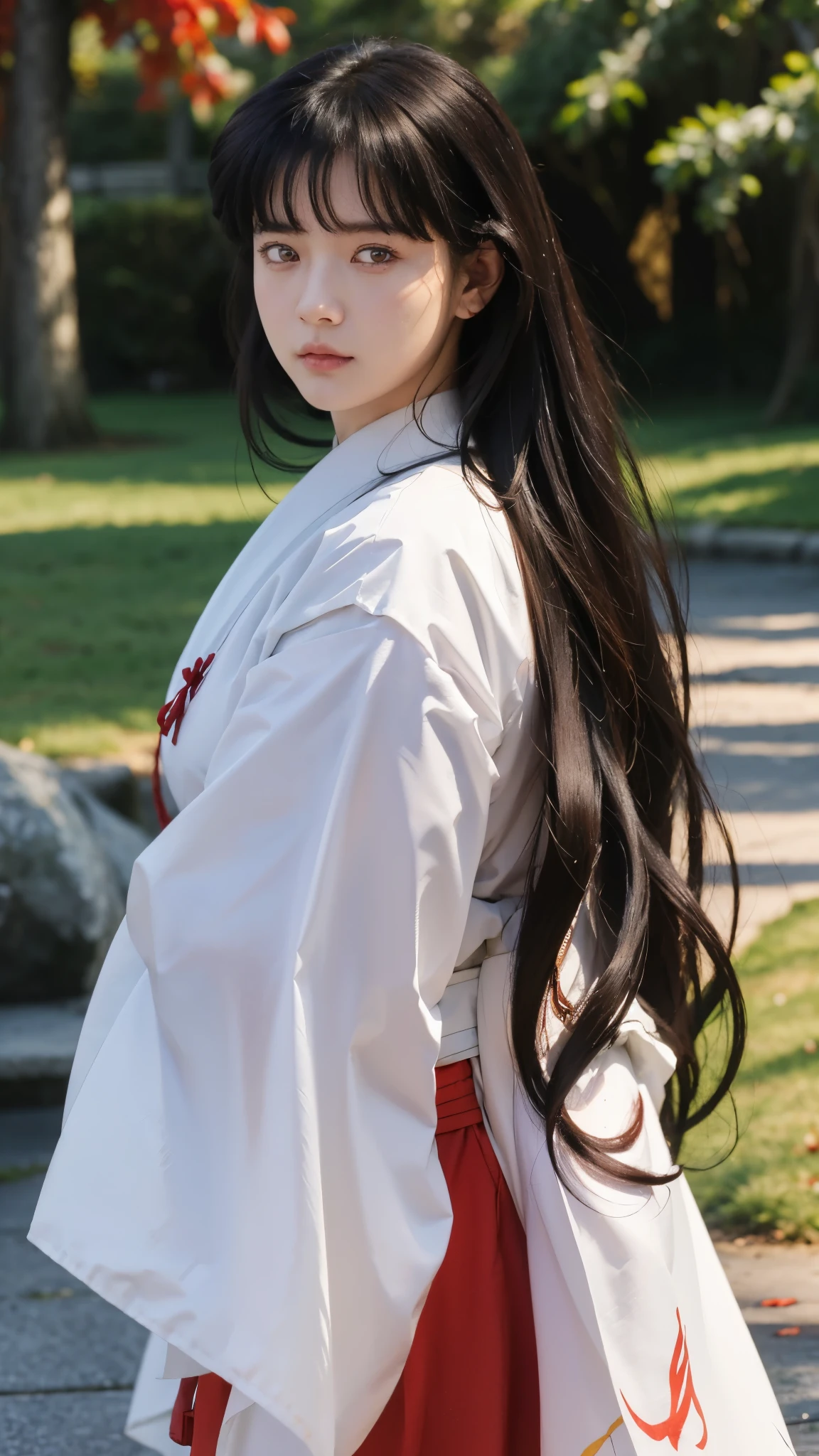 chef-d&#39;œuvre, Meilleure qualité, une photo rapprochée de Kikyo, 1 fille, seulement, debout, Poses multiples, yeux marrons, cheveux longs, hakama rouge et kimono blanc, regarder_à_téléspectateur, Sans expression, supérieur_corps, ((Visage détaillé, yeux détaillés:1.3)) ((Village de nuit:1.0))