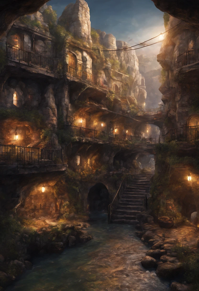 underground cavern,bustling miniature city,cozy lights,warm friendly feeling,illustration,(ultra-detailed:1.1),(realistic:1.1),professional,physically-based rendering,vivid colors,portraits,(dark ambient lighting:1.1)