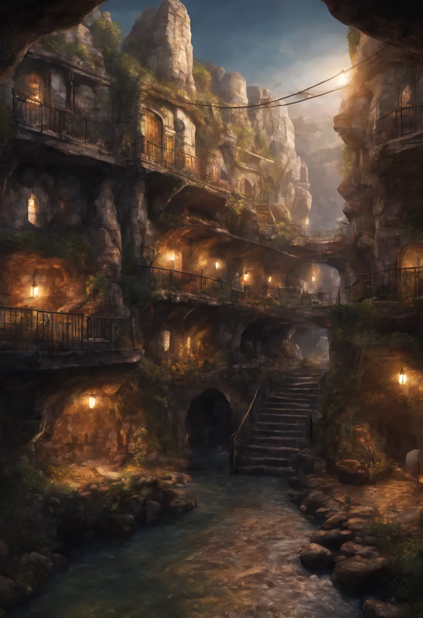 underground cavern,bustling miniature city,cozy lights,warm friendly feeling,illustration,(ultra-detailed:1.1),(realistic:1.1),p...
