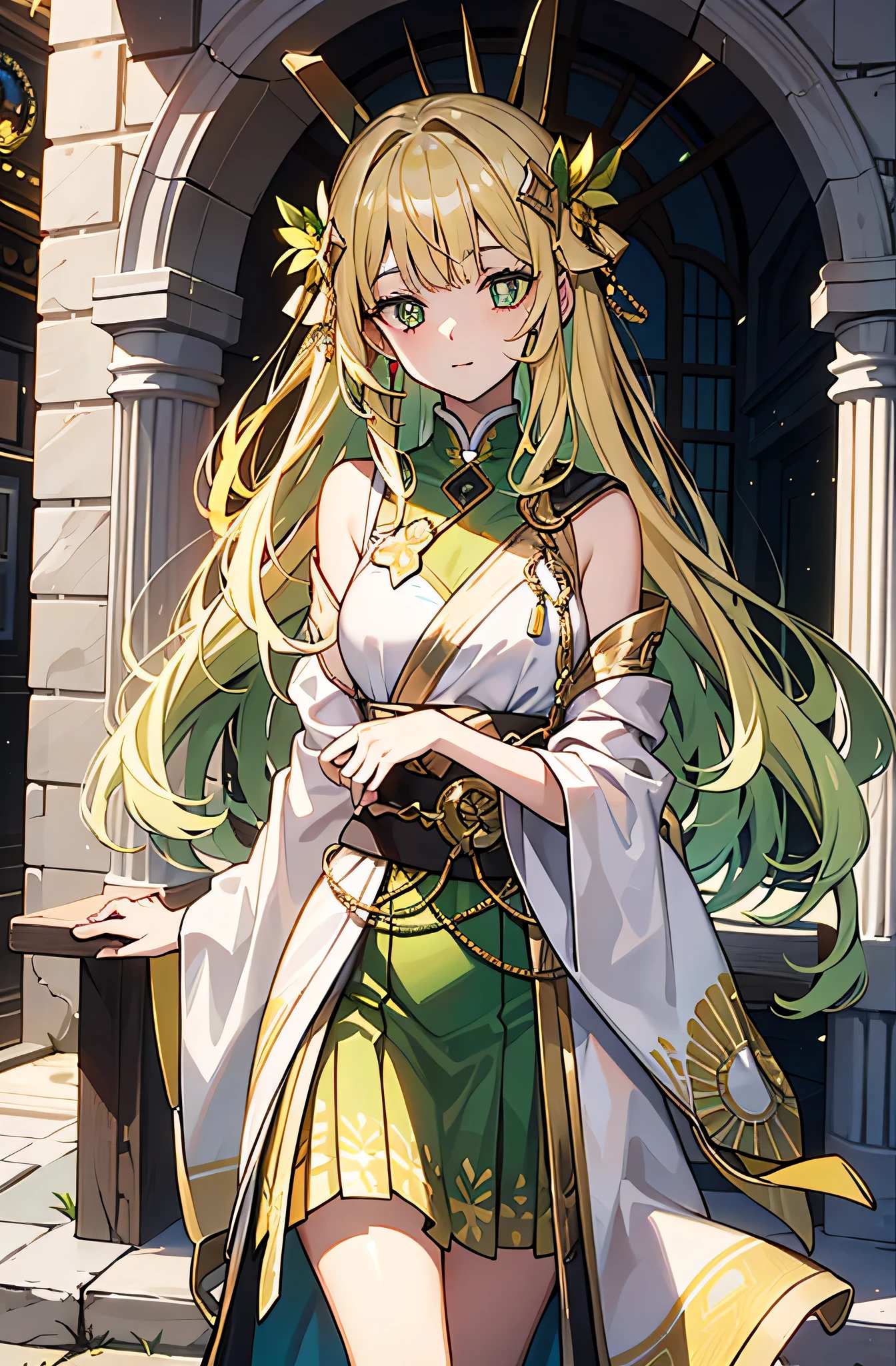 greenish-yellow hair，Yellow-green pupils，Green and yellow white clothes are decorated with gold and silver ornaments，She is a natural cute girl