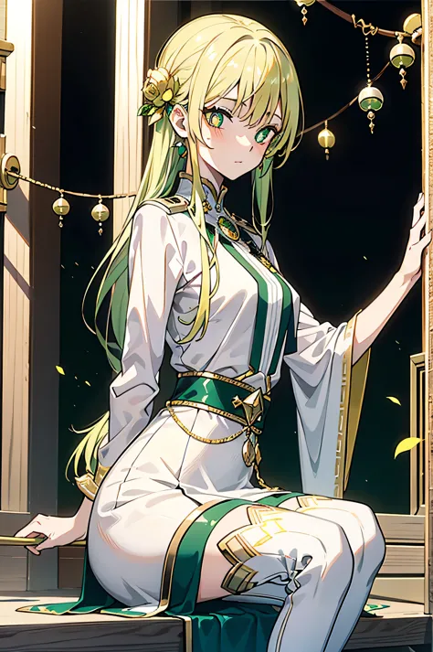 greenish-yellow hair，Yellow-green pupils，Green and yellow white clothes are decorated with gold and silver ornaments，She is a na...