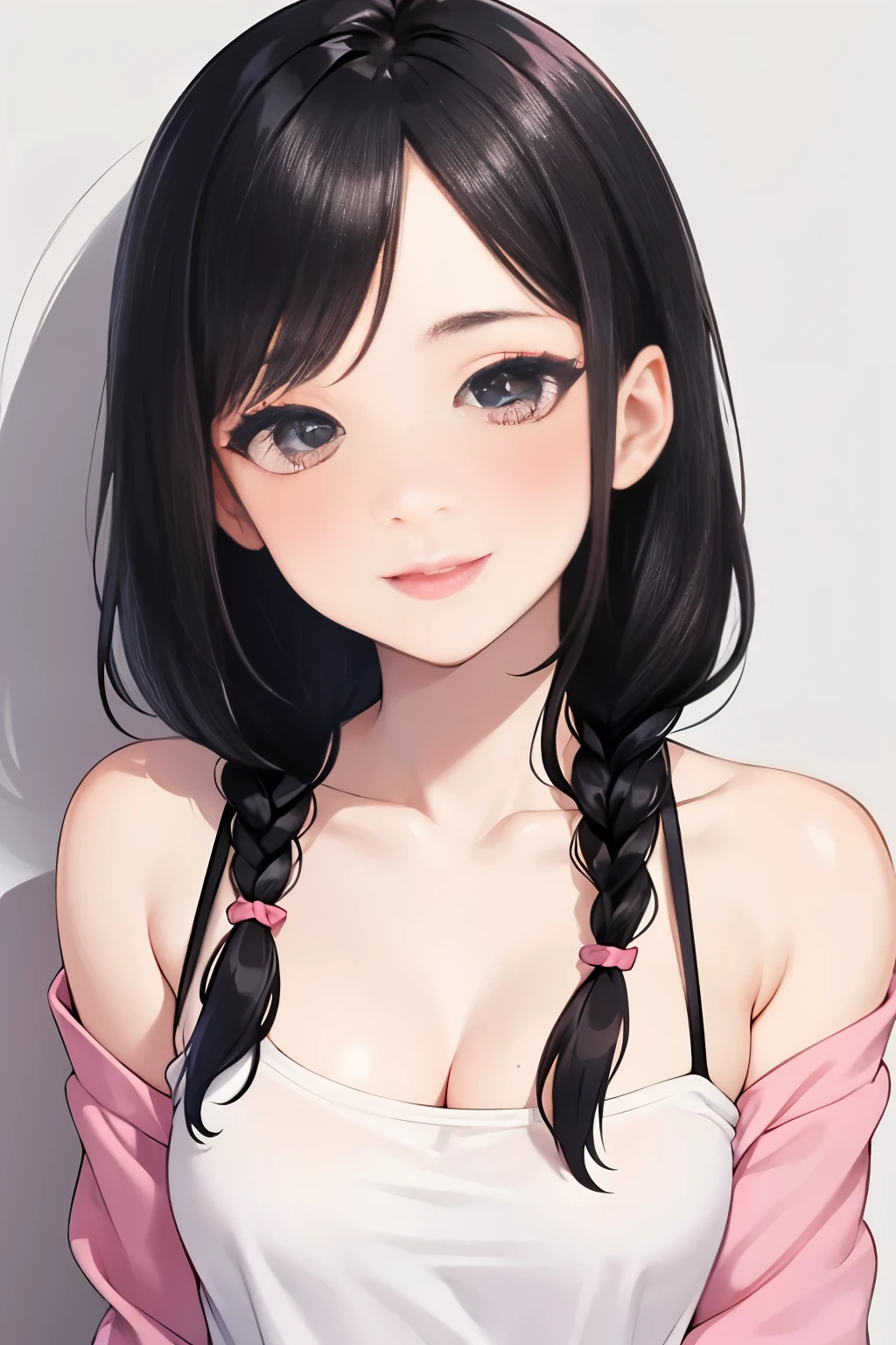 Sexy and cute woman, woman in love, black hair braided, very seductive and soft eyes, blushing hard, pink lips parted, seductive smile, long neck, collarbone, medium chest, cleavage, off shoulder t shirt, no straps, bare shoulders