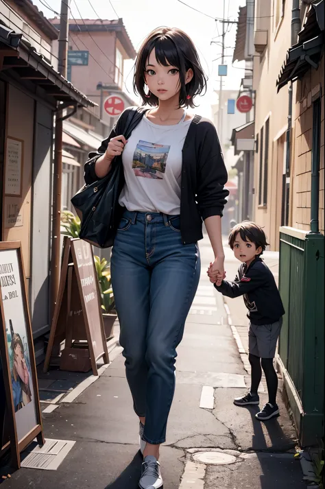 "young busty  single mom with her elementary school son, holding hands and walking to school, in a high-detail colored manga sty...