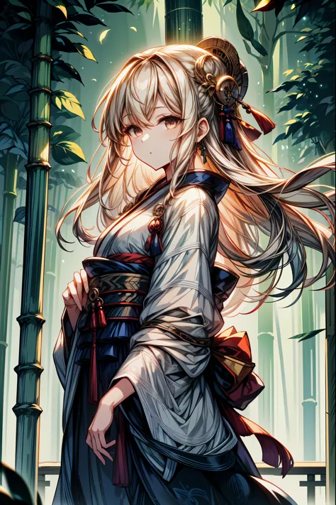 a girl in a beautiful kimono, standing in a quiet bamboo forest under the full moon. She has a cute pose with her hands raised, and her face has a complex expression, showing a mix of happiness and tranquility. The scene is illuminated by the soft light of...