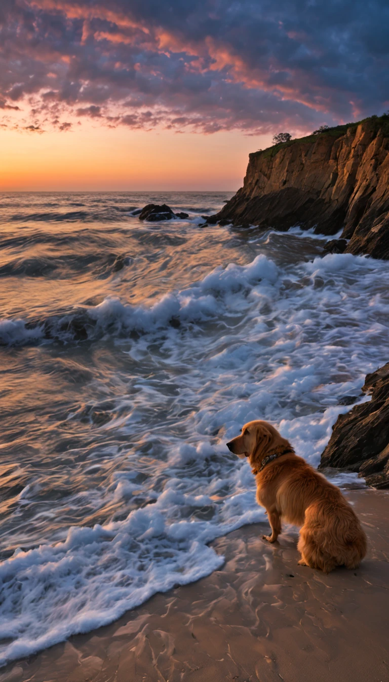 un perro de pelo dorado sentado en una roca en medio del mar, jun, en una orilla del mar junto a la  arena hacia el horizonte, en una noche crepuscular con muchas estrellas en el cielo.