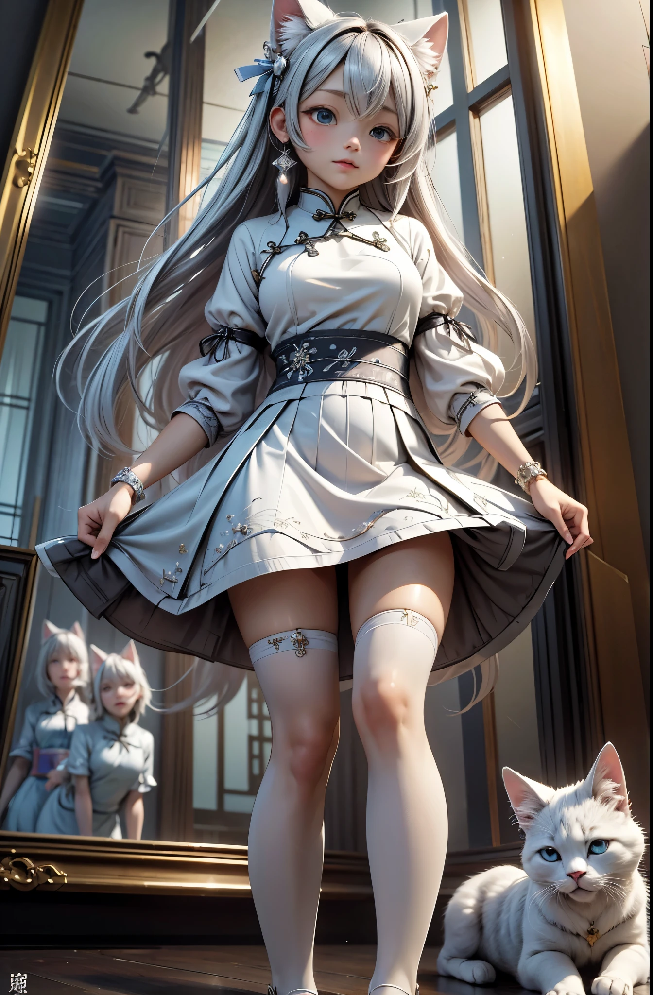 masterpiece,best quality,official art, extremely detailed CG unity 8k wallpaper,absurdres,8k resolution,yukiwo,mole under eye,color contact lenses,cat mouth,embarrassed,long hair,silver hair,hair behind ear,ribbon trim,(cheongsam:1.4),(transparent clothes:1.2),lace legwear,sock dangle,ice crystal texture,looking at mirror,skirt lift,in winter,snowflakes,tanabata,Cinematic Lighting
