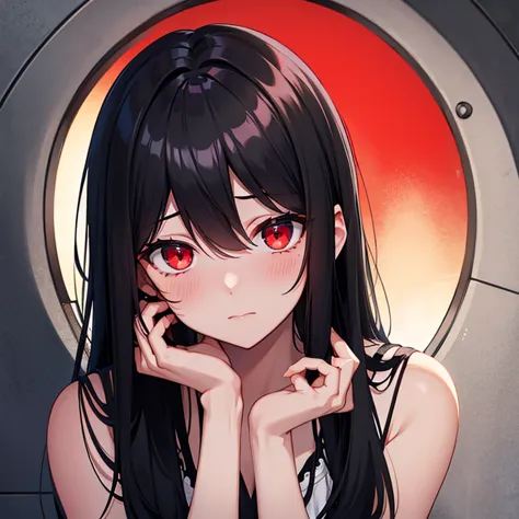 beautiful, shy, blushing, long black hair, portrait, red eye