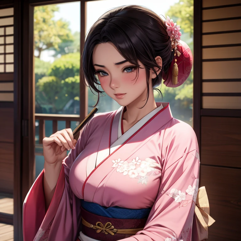 Mulan sonrojada con un kimono