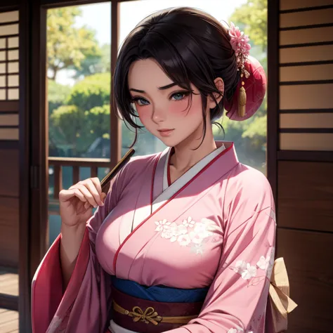 Blushing Mulan in a kimono