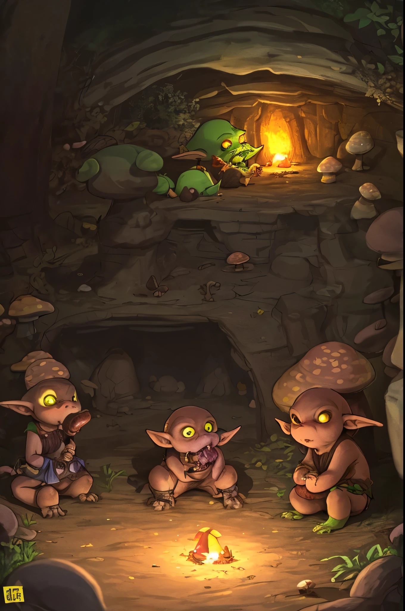 A group of cartoon characters sitting around a campfire in a cave - SeaArt  AI