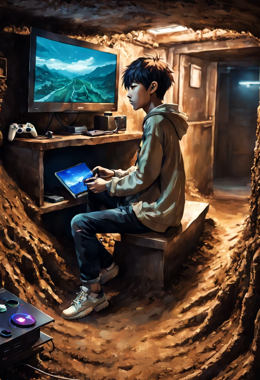Detailed underground burrow made of earthy tones, manga kpop boy playing playstation, intricate features, immaculate surrounds and details, interesting colors, facing the television, intricate details, HDR, beautifully shot, hyperrealistic, sharp focus,  megapixels, perfect composition, high contrast, cinematic, atmospheric, moody