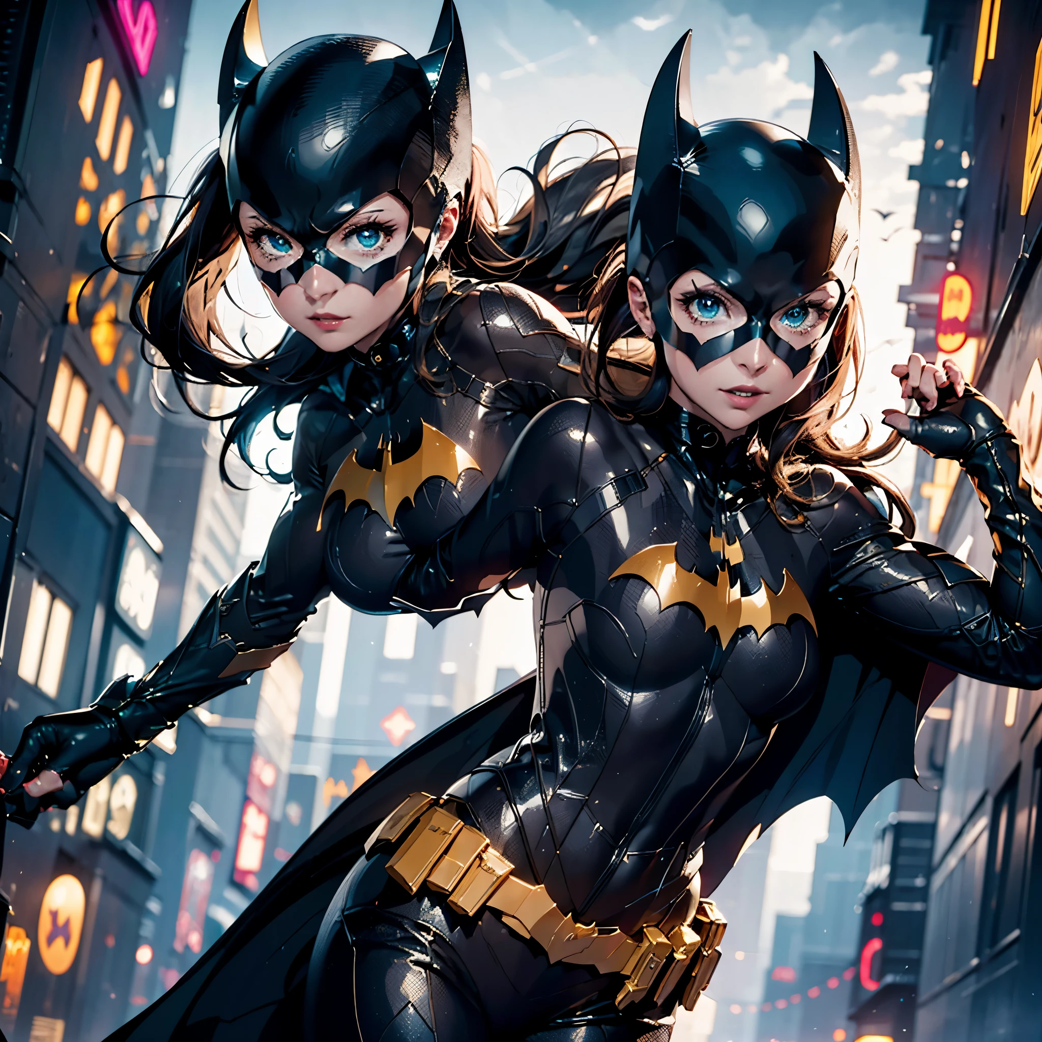 Titel: "Gothams Wächter: Batgirls nächtliche Mahnwache"

Beschreibung: Illustriere Batgirl in einem dynamischen Anime-Stil, Ihr Wesen als Gothams nächtliche Beschützerin einfangen. 

**Aussehen des Charakters:**
1. **Kostüm:** Batgirl trägt ihr ikonisches schwarz-goldenes Kostüm. Das Design sollte schlicht und modern sein, mit Liebe zum Detail auf dem Fledermaus-Symbol auf ihrer Brust.
2. **Motorhaube:** Ihre Kapuze sollte ein entschlossenes und konzentriertes Gesicht umrahmen, mit durchdringend blauen Augen sichtbar.
3. **Pose:** Batgirl befindet sich in einer gelassenen Action-Haltung, ein Fuß leicht nach vorne, als ob er bereit wäre, in Aktion zu treten. Sie hält einen Enterhaken in einer Hand und einen Batarang in der anderen.
4. **Geräte:** Fügen Sie einen sichtbaren Werkzeuggürtel mit verschiedenen Werkzeugen und Geräten zur Verbrechensbekämpfung hinzu.

**Hintergrund:**
1. **Einstellung:** Stellen Sie die Szene vor der Kulisse von Gotham City bei Nacht ein. Wolkenkratzer sollten in der Ferne auftauchen, mit Anklängen des Bat-Signals, das den dunklen Himmel erhellt.
2. **Stimmungsvolle Beleuchtung:** Verwenden Sie dramatische Beleuchtung, um die Atmosphäre zu verbessern, Betonung des Kontrasts zwischen den Schatten und den Lichtern auf Batgirls Kostüm.
3. **Stadtbild:** Integrieren Sie Gothams düstere Stadtumgebung mit Details wie Gassen und Dachkonstruktionen.

**Zusätzliche Elemente:**
1. **dynamische Elemente:** Verleihen Sie dem Kunstwerk einen Eindruck von Bewegung – beispielsweise durch einen flatternden Umhang oder die subtilen Bewegungslinien um Batgirl, um Geschwindigkeit und Beweglichkeit zu vermitteln..
2. **dezenter Regen:** Integrieren Sie einen leichten Regeneffekt, um Textur hinzuzufügen und die Noir-Ästhetik zu verbessern, mit Regentropfen, die auf Batgirls Kostüm glitzern.
3. **Bat-Signal einbauen:** Positionieren Sie das Bat-Signal prominent am Himmel, wirft einen dynamischen Glanz auf die Umgebung.

Lassen Sie Ihrer künstlerischen Interpretation freien Lauf, fängt das Wesen von Batgirl als beeindruckende und stilvolle Beschützerin von Gotham City ein.