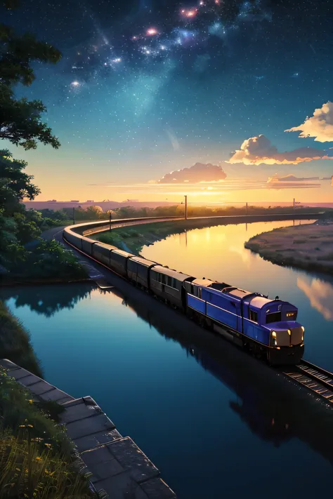 High quality masterpieces, landscapes, clouds, anime train passing water bodies on railway tracks in the distance, bright starry...