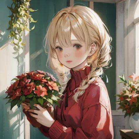 anime girl holding a bouquet of flowers in front of a window, 🍁 cute, beautiful anime portrait, anime visual of a cute girl, wit...
