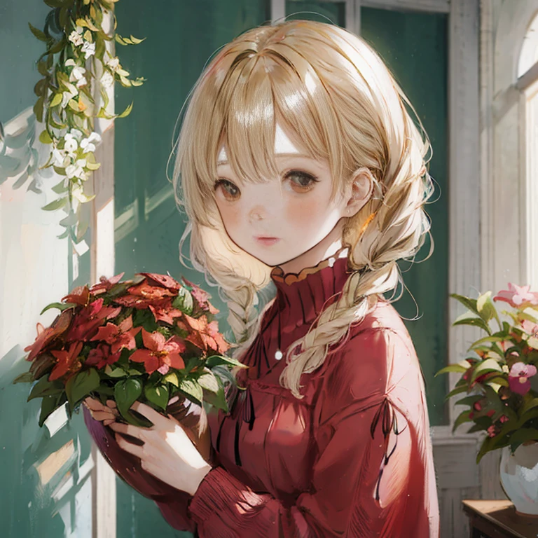 anime girl holding a bouquet of flowers in front of a window, 🍁 cute, beautiful anime portrait, anime visual of a cute girl, with flowers, anime style portrait, cute portrait, cute anime girl portrait, high quality portrait, kawaii realistic portrait, cute anime girl, holding flowers, made with anime painter studio, painted in anime painter studio, realistic anime artstyle