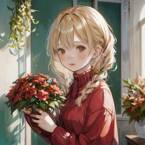 anime girl holding a bouquet of flowers in front of a window, 🍁 cute, beautiful anime portrait, anime visual of a cute girl, wit...