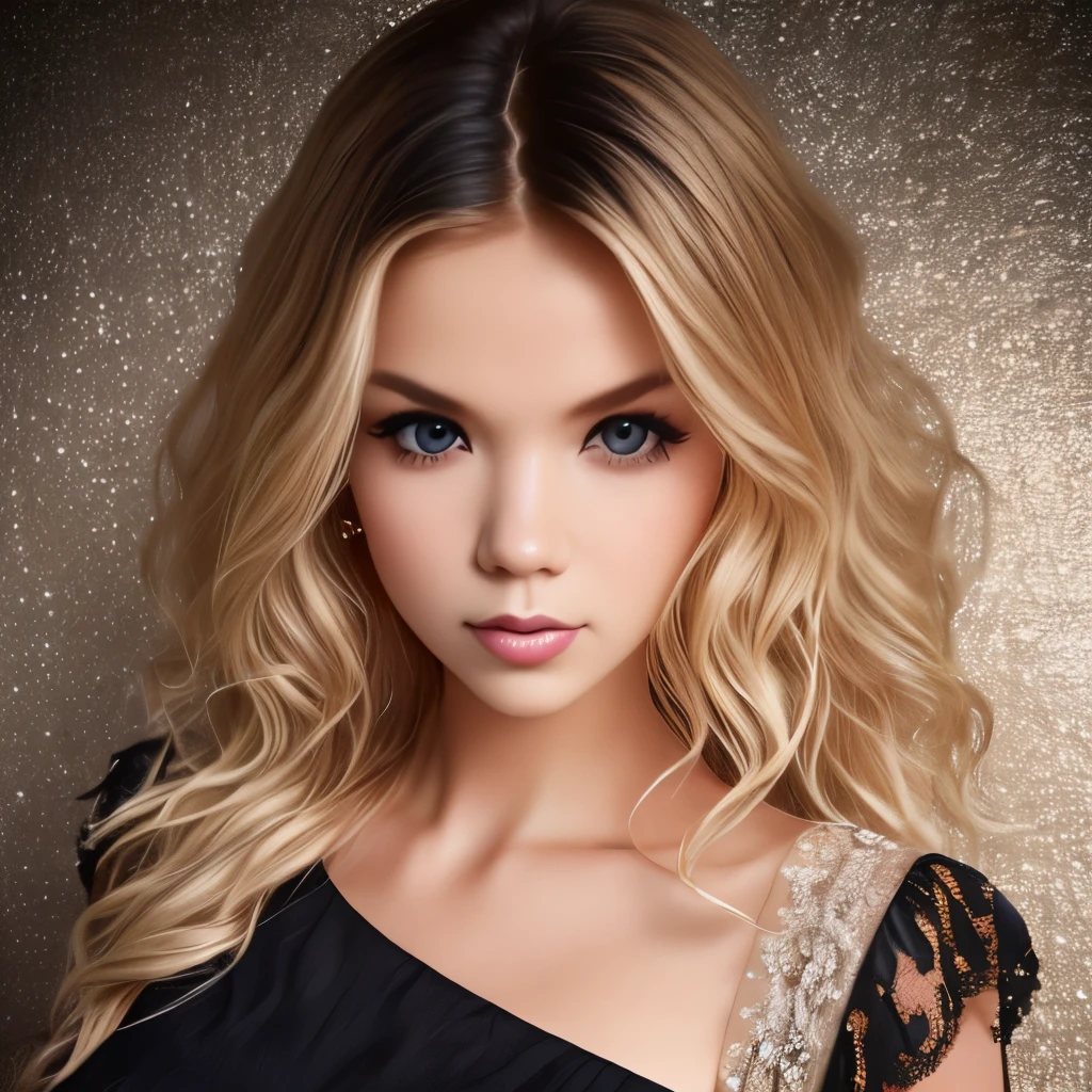 1girl, Photo of 2 girl, (blond hair with extra long wavy), ((portrait)), (Detailed face: 1.2)), (Detailed facial features)), (Fine skin), pale skin, high detail and deep cleavage, slim body, (cold color), reflection, (masterpiece) (Perfect proportions) (realistic photos) (highest quality), shot with Canon EOS R5, 50mm lens, f/2.8, HDR, (8k) (wallpaper) (movie lighting) (dramatic lighting) (sharp focus) (complex), (short black flared dress), 