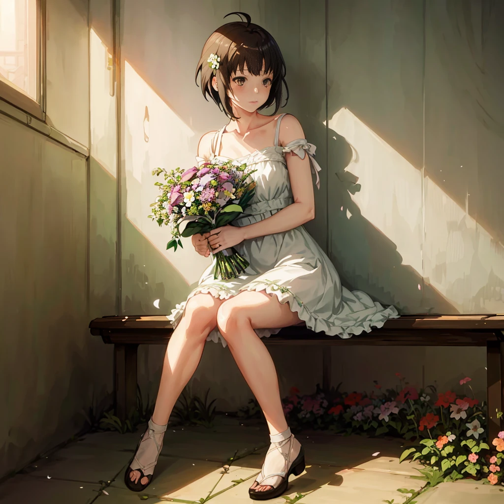 anime girl sitting on a bench with a bouquet of flowers, makoto shinkai. digital render,  in dress, guweiz, anime. soft lighting, anime visual of a cute girl, makoto, romanticism lain, with flowers, sitting with flowers, smooth anime cg art, artwork in the style of guweiz