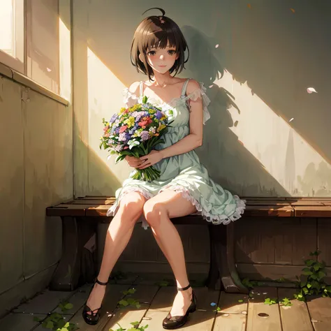 anime girl sitting on a bench with a bouquet of flowers, makoto shinkai. digital render,  in dress, guweiz, anime. soft lighting...