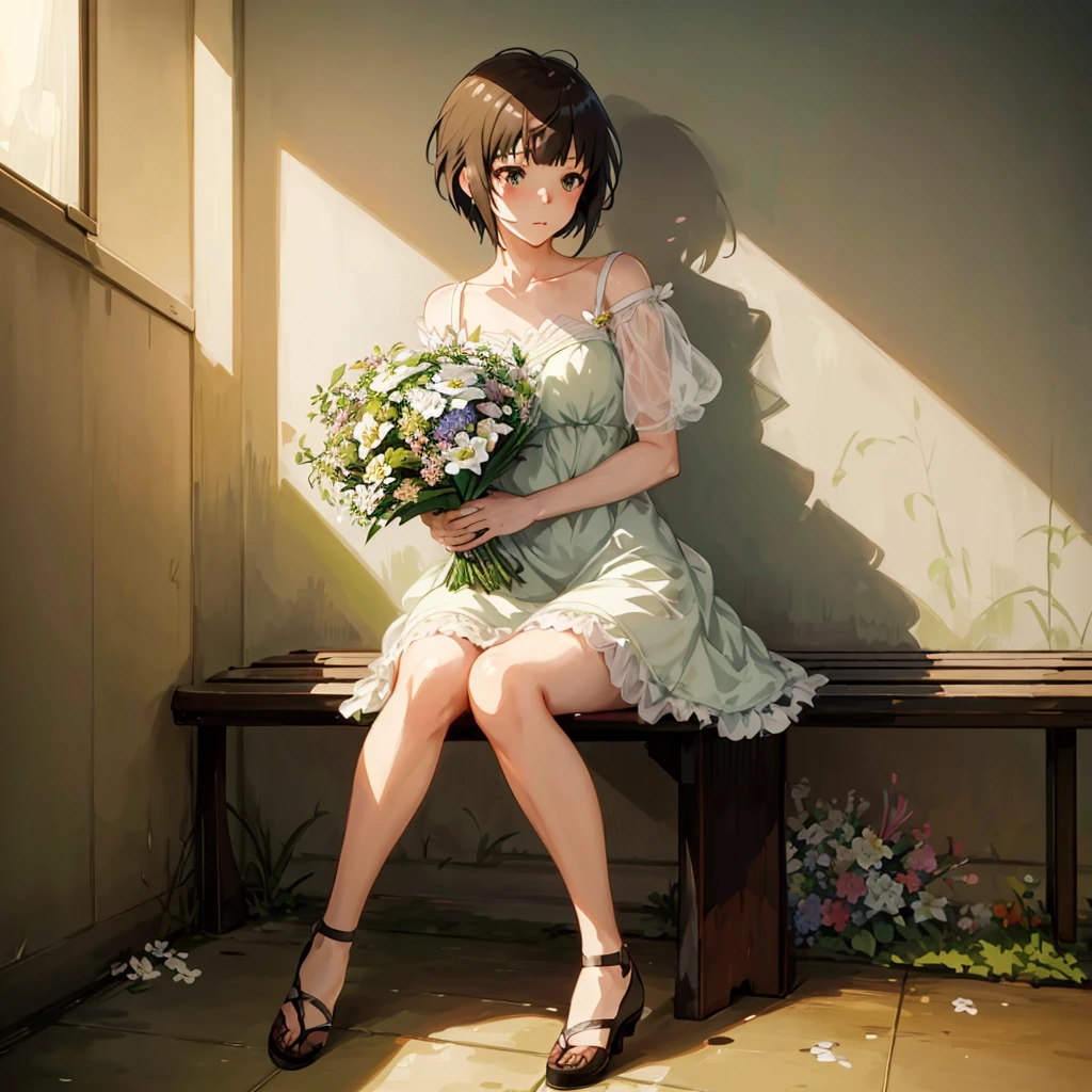 anime girl sitting on a bench with a bouquet of flowers, makoto shinkai. digital render,  in dress, guweiz, anime. soft lighting, anime visual of a cute girl, makoto, romanticism lain, with flowers, sitting with flowers, smooth anime cg art, artwork in the style of guweiz