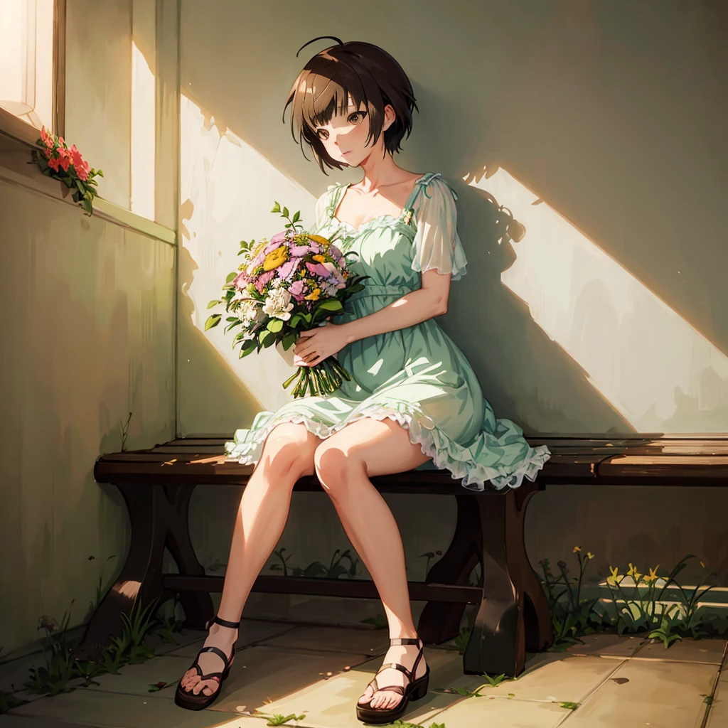 anime girl sitting on a bench with a bouquet of flowers, makoto shinkai. digital render,  in dress, guweiz, anime. soft lighting, anime visual of a cute girl, makoto, romanticism lain, with flowers, sitting with flowers, smooth anime cg art, artwork in the style of guweiz