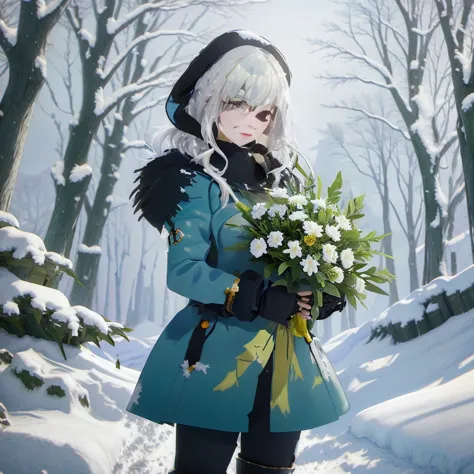 anime girl in blue coat holding a bouquet of flowers in snow, with frozen flowers around her, winter concept art, from girls fro...