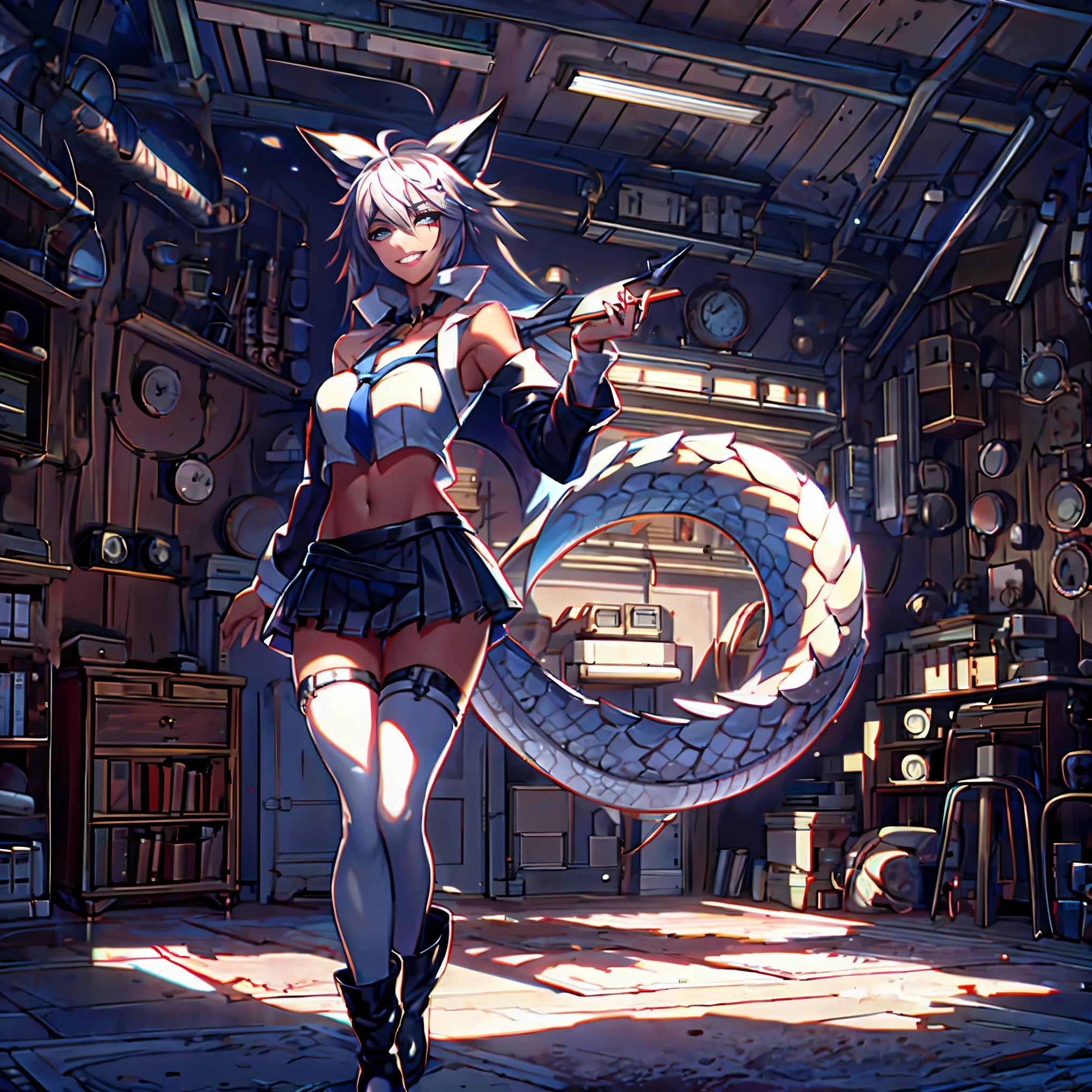 8k, resolution, high quality, high resolution, best quality, extremally detailed, best resolution, absurd resolution, ray tracing, high detailed, masterpiece, extremely detailed,shoulder length white hair, female,2 white wolf ears, teenage girl, slim body,white scale dragon tail, military boots,black leggings, navel blue school skirt, sailer shirt,black bullet proof vest,white jacket, medium size chest, detailed blue eyes, detailed beautiful face,solo female,1 dragon tail, detailed eyes, tomboyish, dragon tail, white scales, Norma nose, normal eyes, detailed nose, detailed eyes