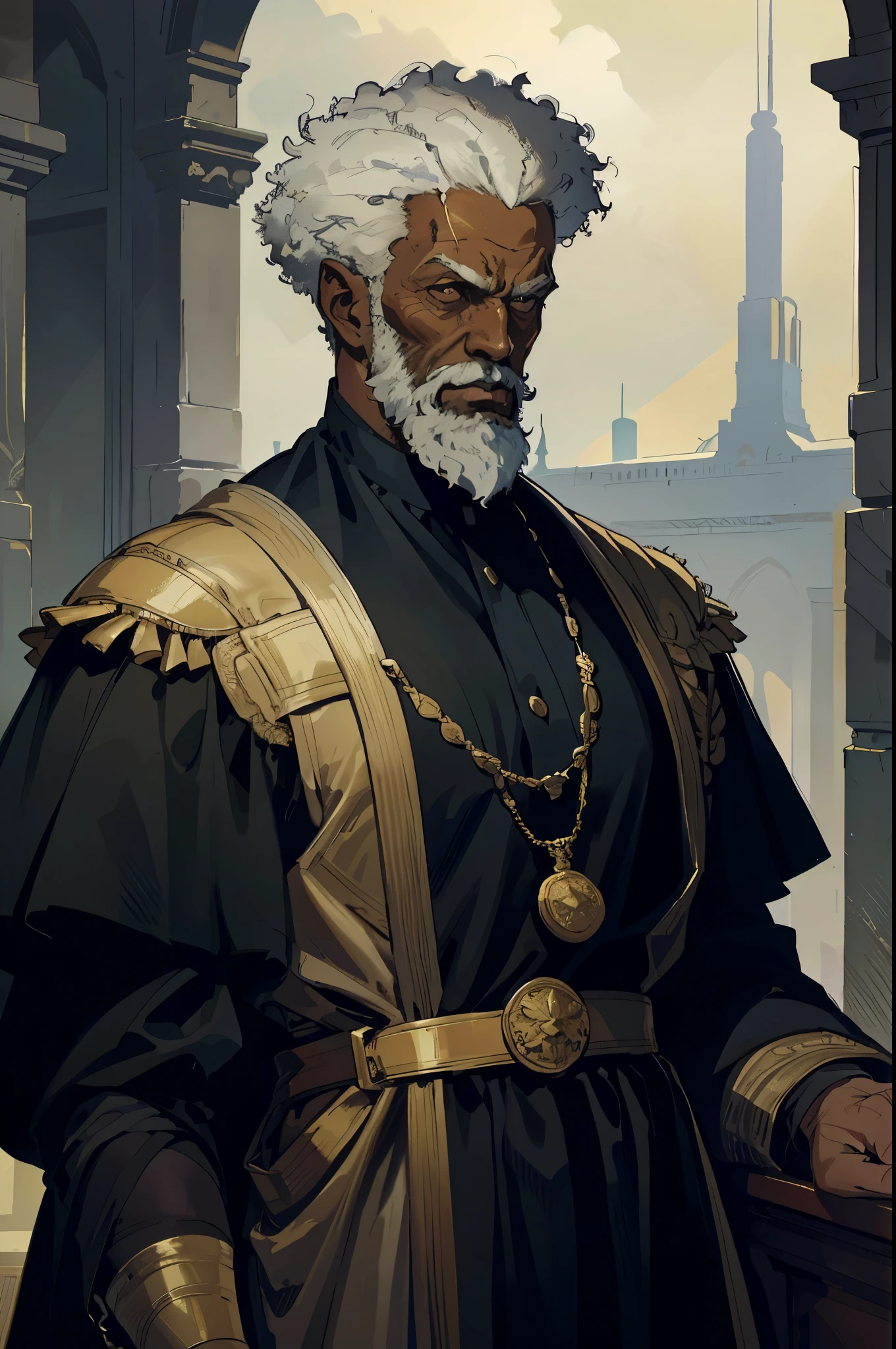 there is a black man with a beard and a gold dress, inspired by Rajmund Kanelba, picture of a male cleric, portrait of a male hydromancer, portrait of a mage, portrait of fin wildcloak, imperial portrait, casimir art, portrait of ororo munroe, portrait of bedouin d&d, character portrait art, old male archmage