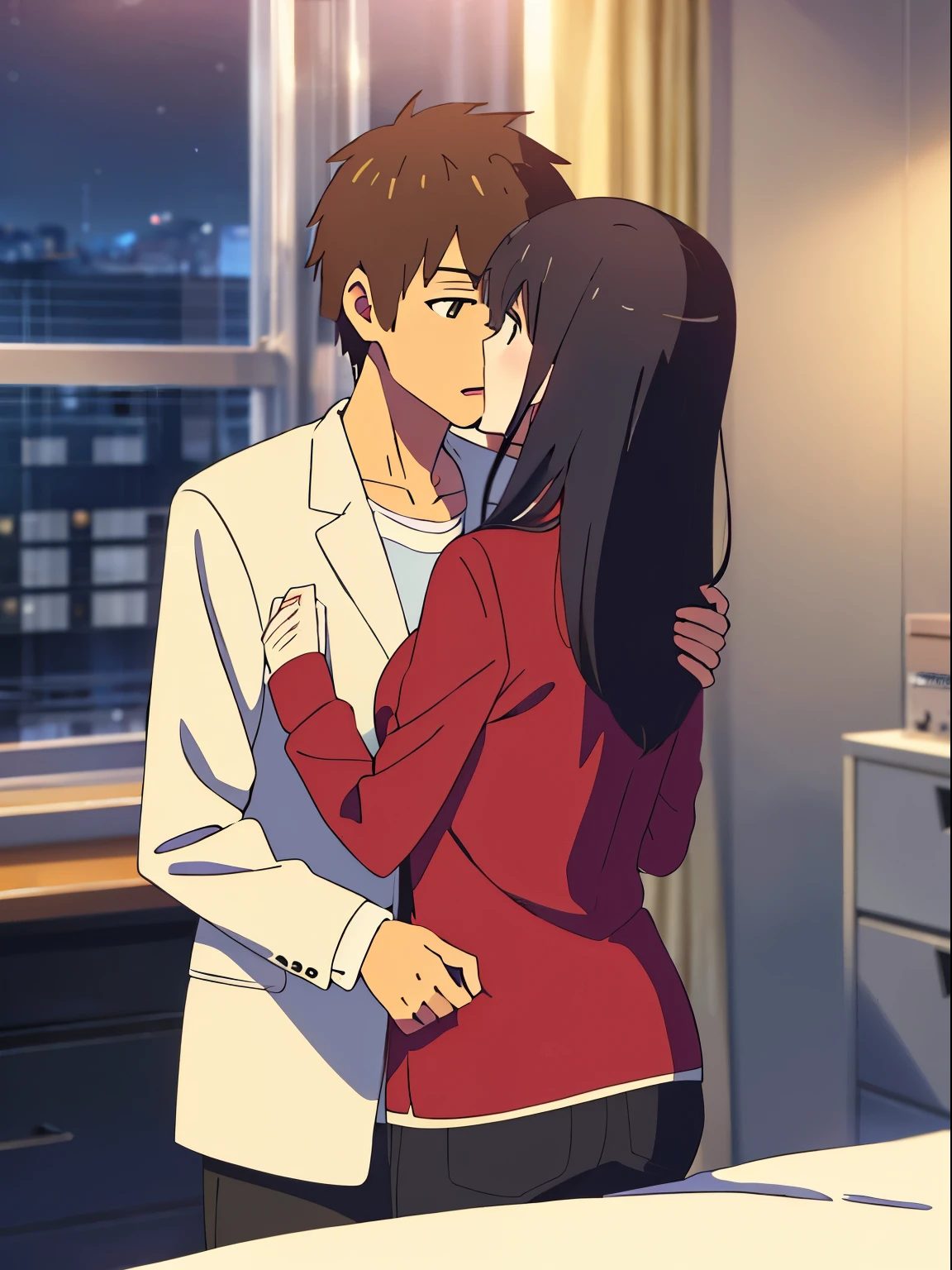 Anime couple hugging in a bedroom with city lights in the background -  SeaArt AI