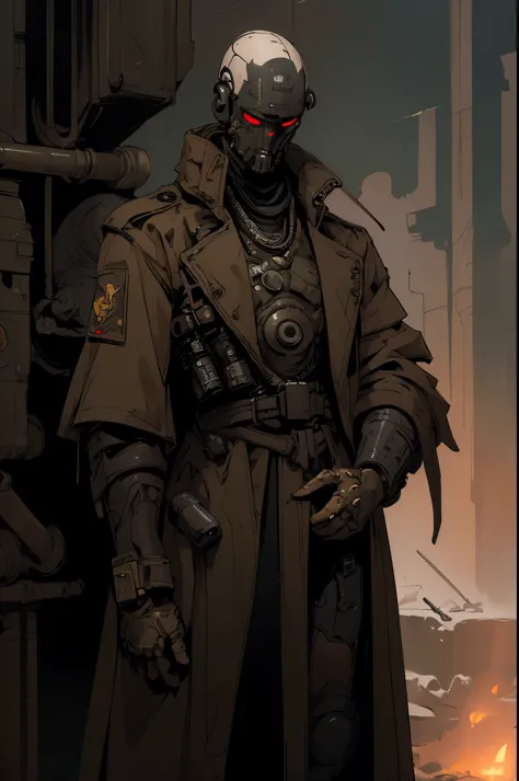 best quality, masterpiece, ultra detailed, 8k, derpd, lethal cyborg wearing a trench coat, SCI-FI, male, bounty hunter, danger, military, pancho, dark, military gear under trench coat, 