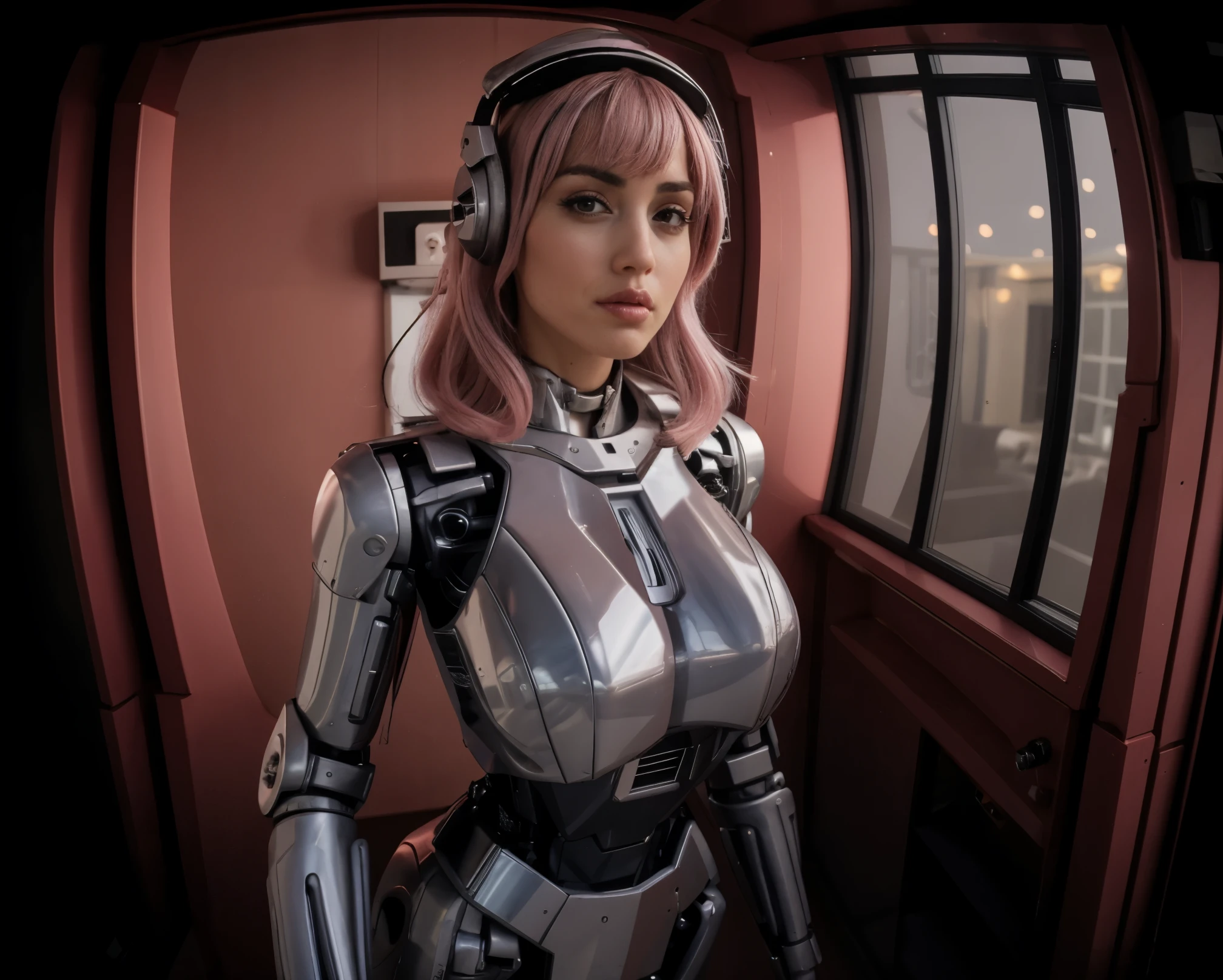 มุมมองฟิชอาย, ประตู ฟิชอาย pov, เชิงมุมที่ยิ่งใหญ่, แอนนาแห่งอ้อมแขน as your cosplayer girlfriend, โดยใช้ชุดหุ่นยนต์, หน้าอกใหญ่ขึ้น, แอนนาแห่งอ้อมแขน, ชุดเงิน, crome ผิวมันมัน, ข้อต่อทางกล, ผมตรงปานกลาง, ผมสีพาสเทลสีชมพู, เรียบทื่อ , ริมฝีปากแตก , มูซูเมะ, ชุดหูฟังแห่งอนาคต, ยืนขึ้น, รอตำแหน่งคำสั่ง, ทางเดินคอนโด, หน้าต่างทางด้านซ้าย, ประตูลิฟต์บนพื้นหลัง, ร่างกายหนา, ความสูงเล็ก