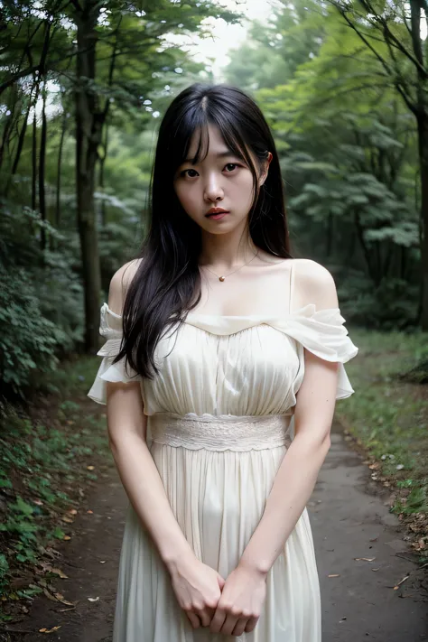 ((high quality: 1.5)), mid twenties korean, beautiful, wet rave, (lustful:1.1), secluded forest, rain, film grain portrait