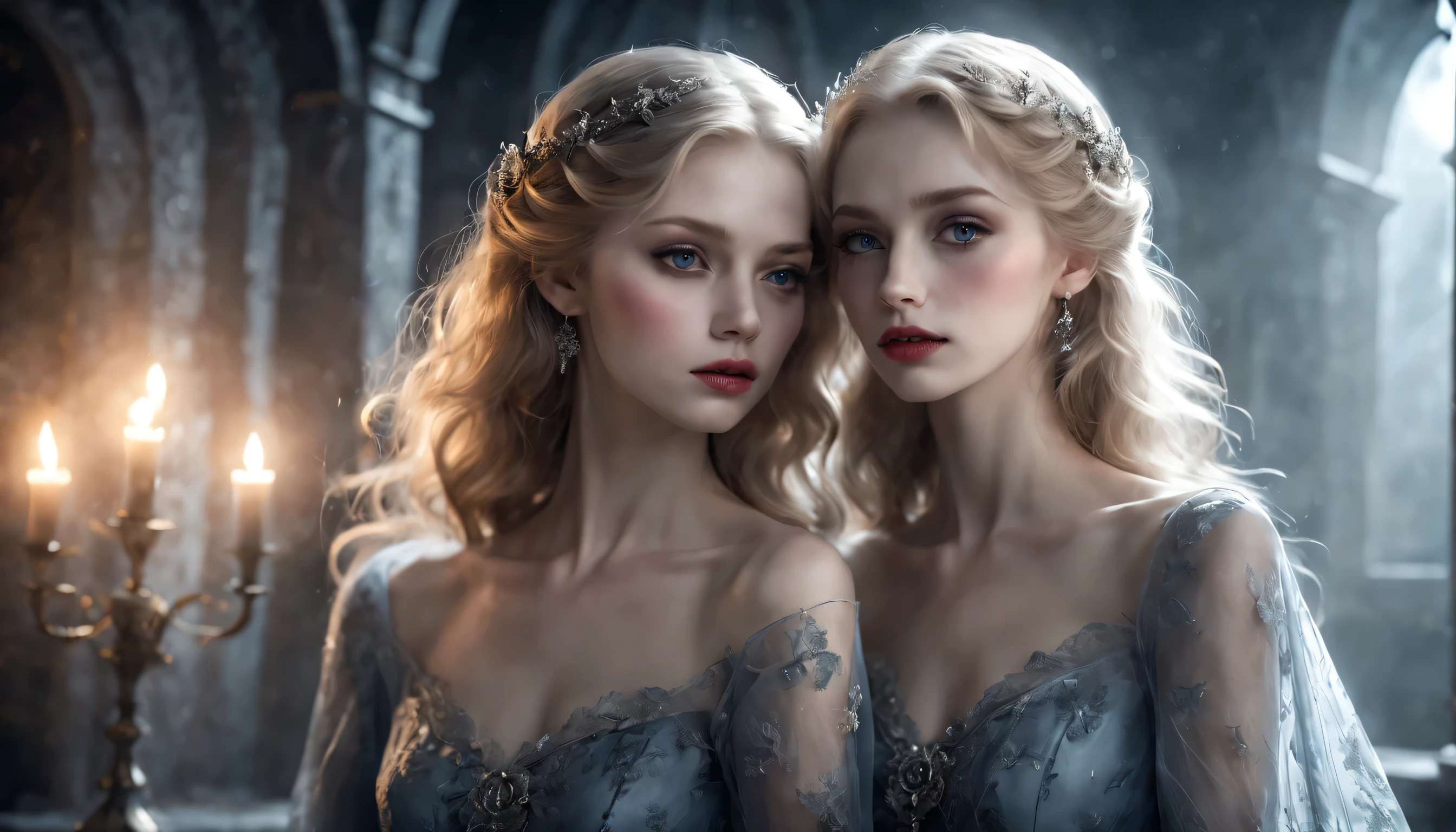 2 filles,deux filles en princesses vampires, 18 ans, Incroyablement belle, le premier a de longs cheveux roux bouclés et le deuxième a de longs cheveux blonds blanchis et bouclés (yeux bleus de haute qualité, chef-d&#39;œuvre:1.2), ultra-détaillé, (Réaliste, photo-Réaliste:1.37), peau pâle légèrement éclatante, sang pur, teint de porcelaine, des caractéristiques élégantes et raffinées, Posture gracieuse, ambiance sombre et mystérieuse, mode gothique, robe fluide en dentelle noire, touche de rouge dans ses vêtements, bijoux en argent délicats avec des accents de rubis, sourire subtil mais captivant, canines légèrement pointues, ailes translucides ressemblant à des ailes de chauve-souris, subtil effet chatoyant sur ses ailes, jardins remplis de roses sanguines en fleurs, pétales rouge vif contrastant avec l&#39;obscurité, nuit enchanteresse au clair de lune, un château sombre et d&#39;une beauté envoûtante en arrière-plan, des éclaboussures de clair de lune illuminant sa beauté éthérée, ombres sombres et éclairage dramatique, regard glacial qui glace le cœur de ceux qui osent croiser son regard, air d&#39;autorité et de puissance, symbole à la fois de danger et d&#39;attrait, ciel nocturne rempli, photoRéaliste, le réalisme, Art gothique, le romantisme, Éclairage cinématographique, 4k, 8k, haute résolution, UHD