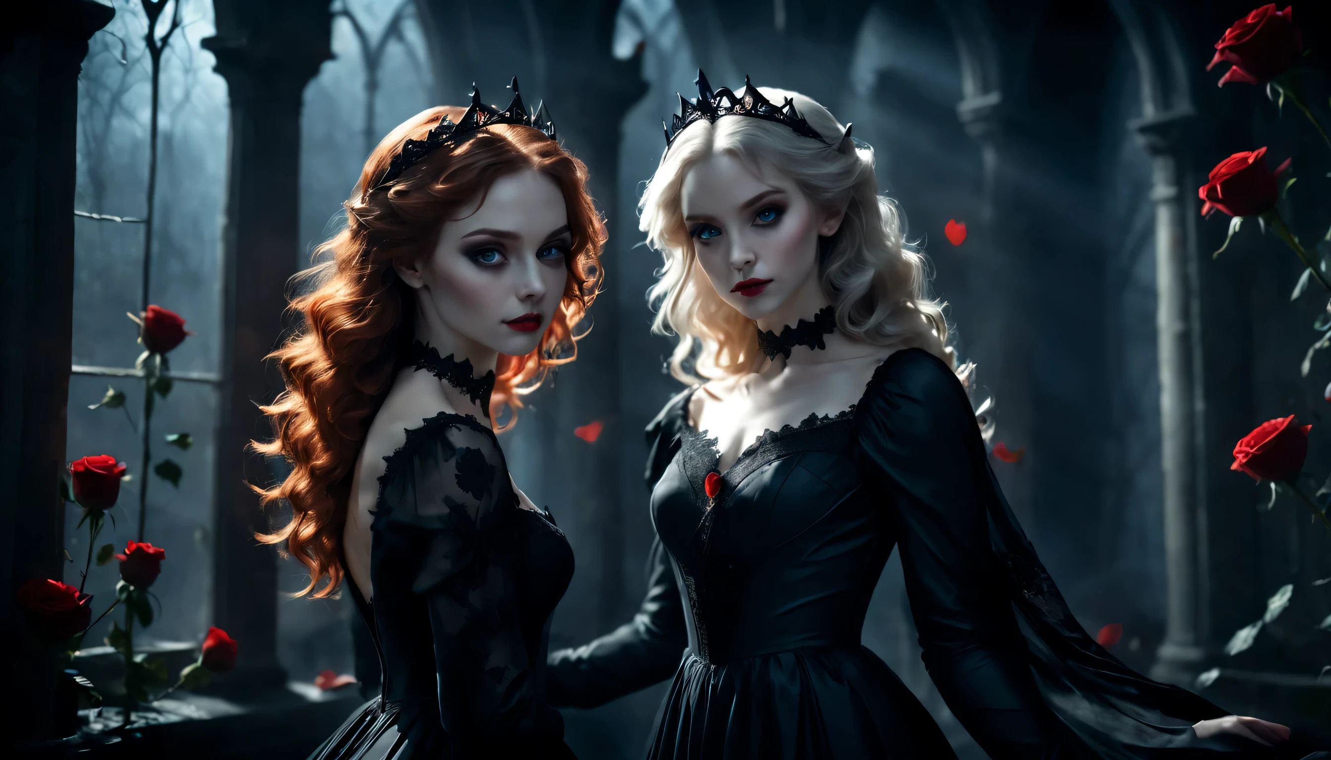 2 girls,two girls as Vampire Princesses, 18years old, breathtakingly beautiful, first have curly long redhair and second have long curly whitenish blond hair (blue eyes high quality, masterpiece:1.2), ultra-detailed, (realistic, photo-realistic:1.37), softly glowing pale skin, pure blooded, porcelain-like complexion, elegant and refined features, graceful posture, dark and mysterious atmosphere, gothic fashion, flowing black lace dress, touch of red in her clothes, dainty silver jewelry with ruby accents, subtle yet captivating smile, slightly pointed canines, translucent wings resembling bat wings, subtle shimmering effect on her wings, gardens filled with blooming blood roses, vivid red petals contrasted with the darkness, enchanting moonlit night, dark and hauntingly beautiful castle in the background, splashes of moonlight illuminating her ethereal beauty, dark shadows and dramatic lighting, icy stare that freezes the hearts of those who dare to meet her gaze, air of authority and power, symbol of both danger and allure, night sky filled, photorealistic, Realism, Gothic art, Romanticism, cinematic lighting, 4k, 8k, highres, UHD