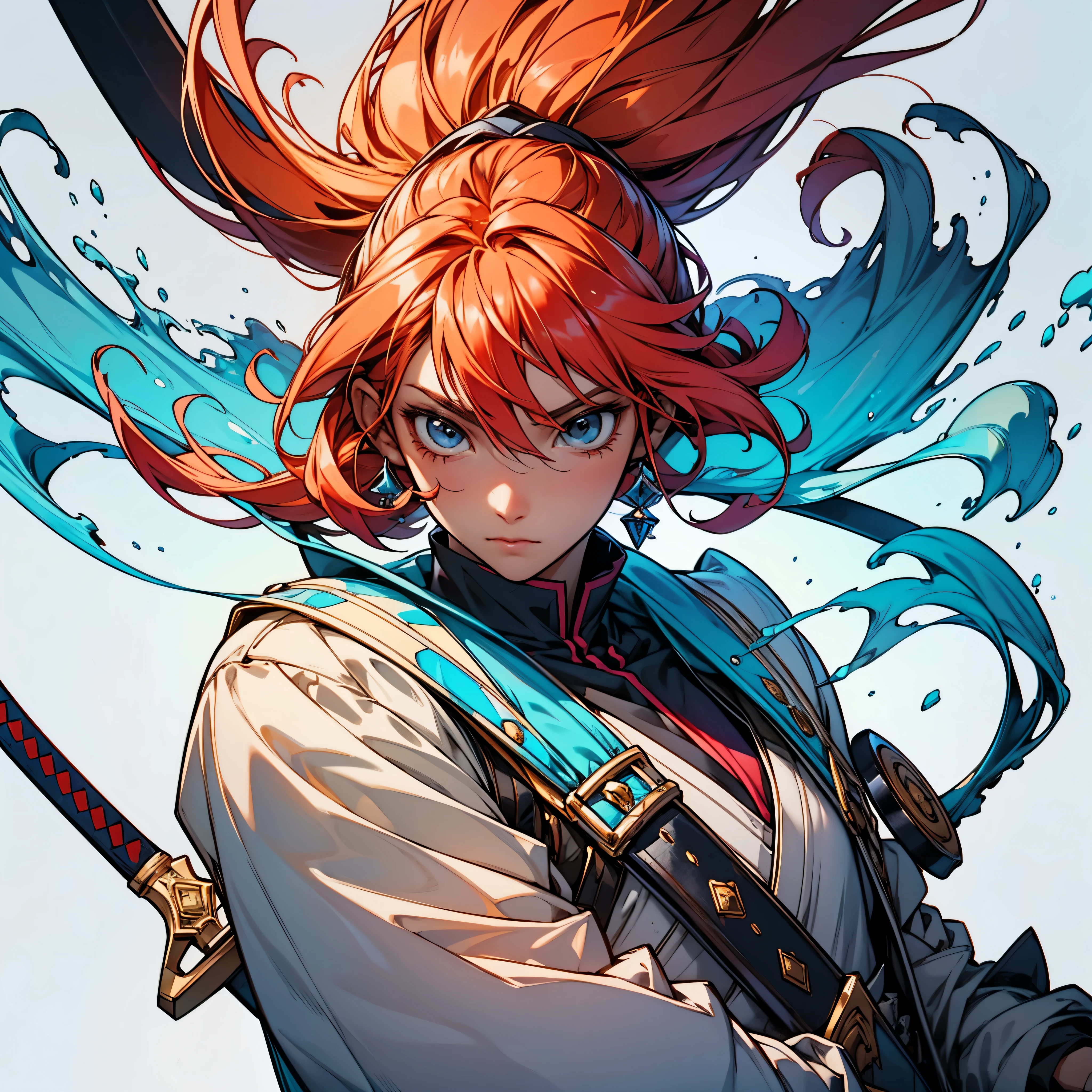 Character ((Male)) , Orange Hair Ichigo Bleach style , One (( Samurai)) , Black Eyes , (( CUTE )) , Only One Character , (( Focus on a Character )) , Digital Anime combat Pose, Powerful , Beautiful Man , Sword,multidimensional geometric wall PORTRAIT, arte, Chibi, Yang08k, lindo, Colouring, Primary works, qualidade superior, melhor qualidade, Arte Oficial, Beautiful and Aesthetic, varied multi etc. --v 6 --s 1000 --c 20 --q 20 --chaos 100